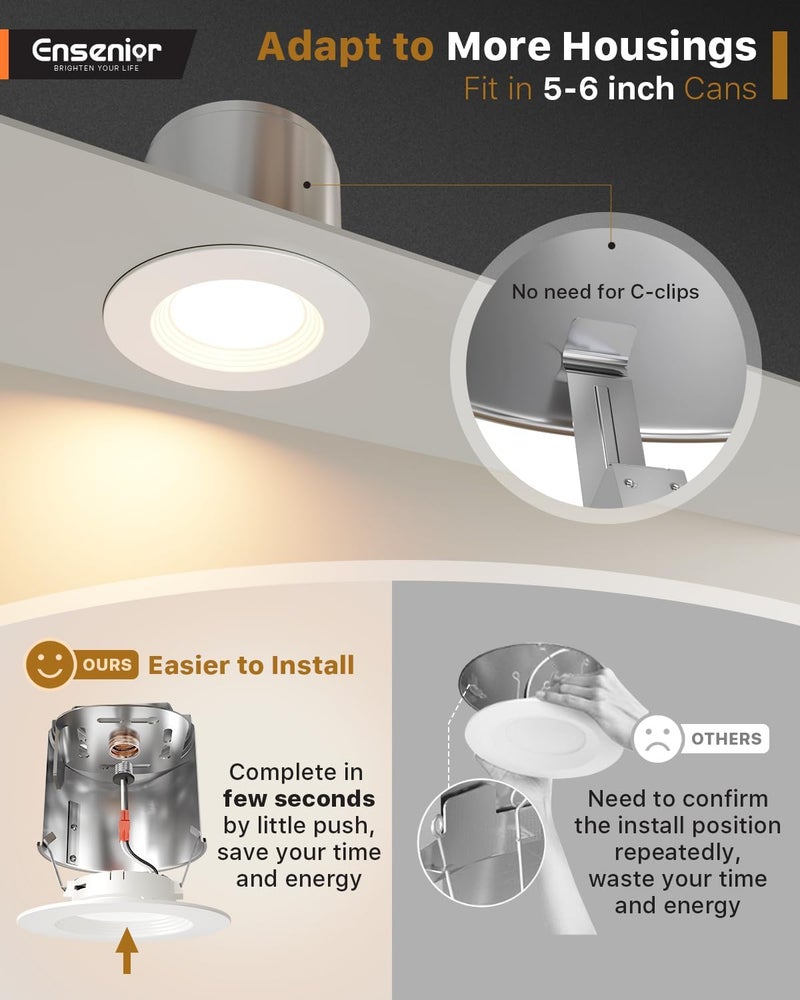 Ensenior 5/6 Inch 5CCT LED Can Lights 12 Pack, Retrofit Led Recessed Lighting, Baffle Trim, Dimmable, 9W=110W, 1000LM, 2700K/3000K/3500K/4000K/5000K Selectable, IC Rated - ETL & FCC - Image 2